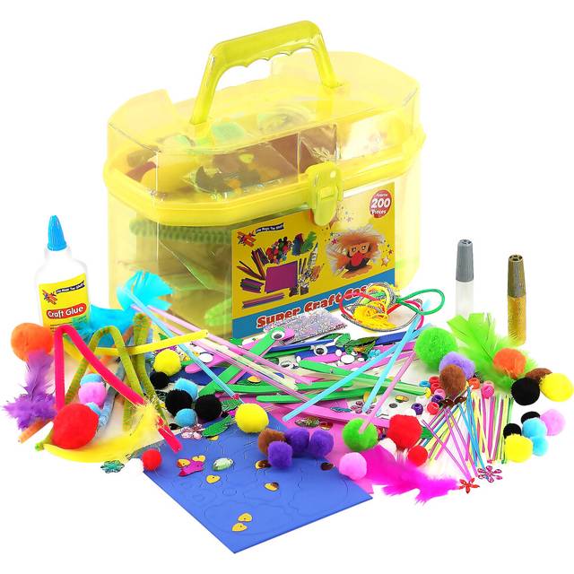 (Yellow) The Magic Toy Shop Kids Giant Mega Super Craft Art Carry Case Kids Pom Poms Beads Sequins Foam Glue