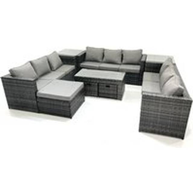 Outdoor Garden Furniture Set 9 Pieces Rattan Sofa Set with Coffee Table 3 Footstools Side Table Dark Grey Mixed - Fimous