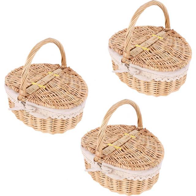 3X Handmade Wicker Basket with Handle Picnic Double Lids Storage Hamper Cloth Lining