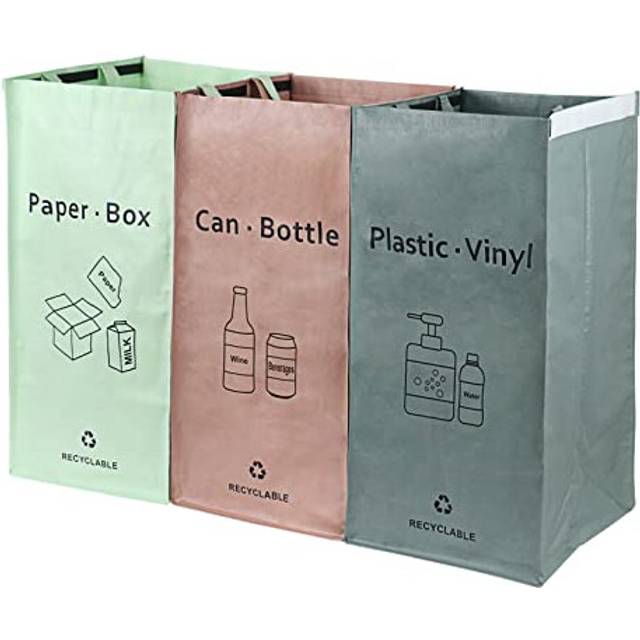 3 Packs Recycling Bags Pink,Green,Gray with handle Separate Sorting Organizer Woven waste Bins bag 42 Gallon Waterproof for Kitchen Home Office Heavy
