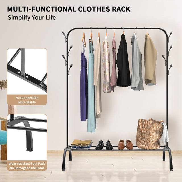 (Single Rail) Multifunctional Metal Clothes Rail - 110cm Heavy Duty Clothing Garment Rack with Bottom Rack and Hooks for Hanging Coats, Skirts, and Sh