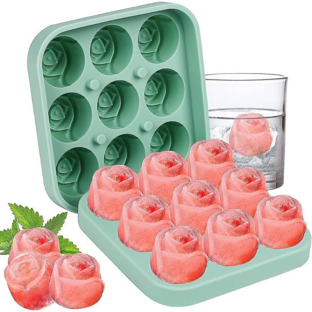 (Grey, One size) Ice Cube Tray  Silicone Ice Cube Trays With Lid 9 Cavity Rose Flower Shape Ice Cube Moulds For Freezer Baby Food Water Whiskey  Cockt