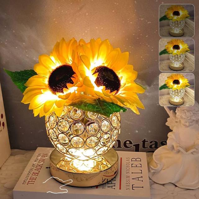 Sunflower Table Lamp, Rechargeable Cordless Small Desk Lamp, 3 Colors Dimmable Artificial Flowers Night Light, Fake Bouquet 3 Heads with Crystal Vase