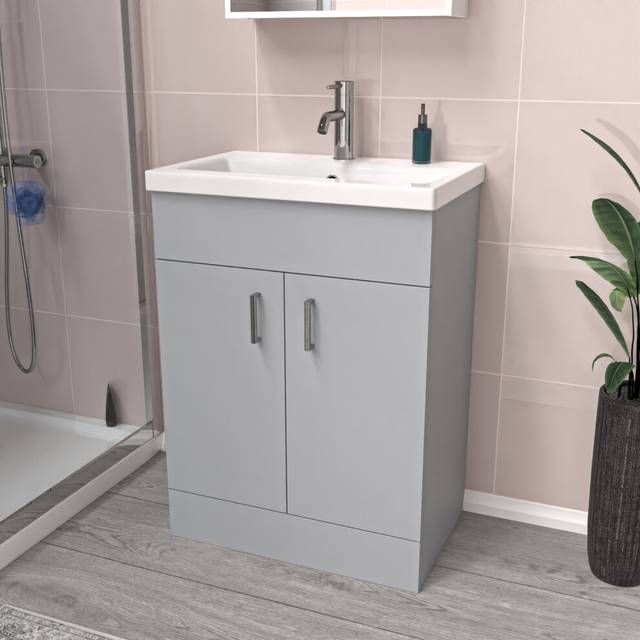 Nes Home Matte Grey 600mm Floor Standing Vanity Unit & White Basin Flat Pack