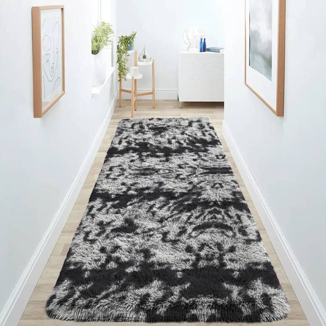(80cm x 300cm (2 ft 6 in x 10 ft)- Extra Large Runner Rug, Tie-Dye Grey) Anti Slip Shaggy Rug For Living Room Runner Carpet