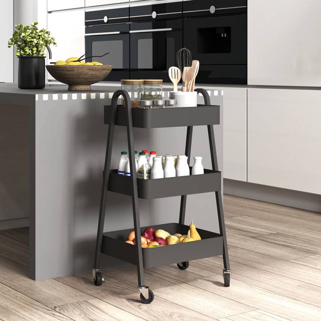 HOMCOM 3-Tier Rolling Utility Cart Kitchen Storage Trolley on Wheels Black