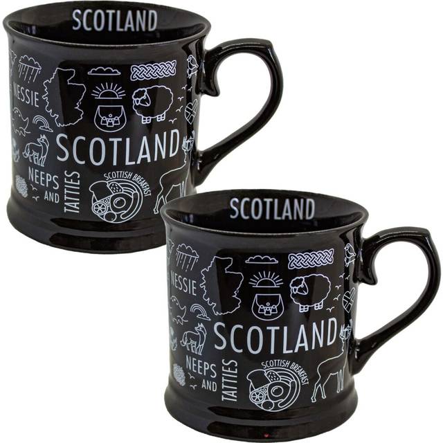 Set of 2 Black Tankard Mug Contains Pictures of Iconic Scottish Items