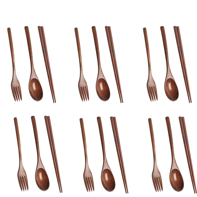 6X Wooden Cutlery Set Portable Friendly Reusable Cutlery Utensil Set Spoon Fork Chopsticks