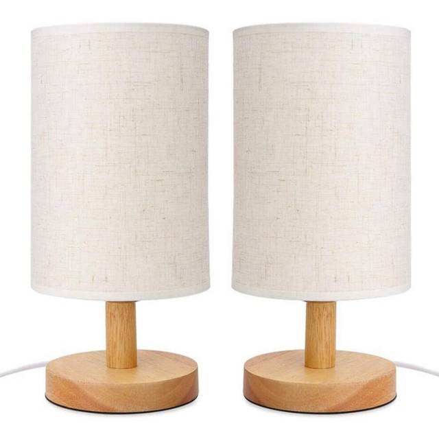 2X DC5V Round Bedside Table Lamp Nightstand with Fabric Shade and Solid Wood for Bedroom, Living Room Modern Office