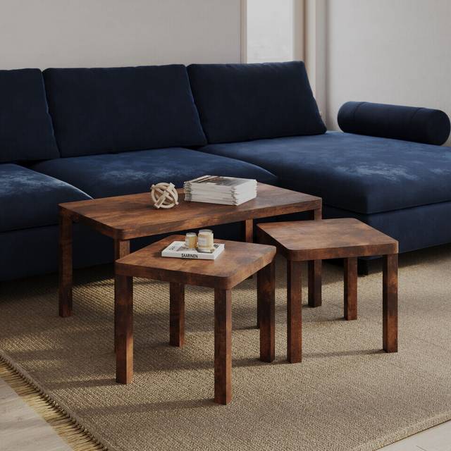 (Rustic Brown) Set of 3 Wooden Nesting Stacking Coffee Side Centre Tables Living Room Furniture