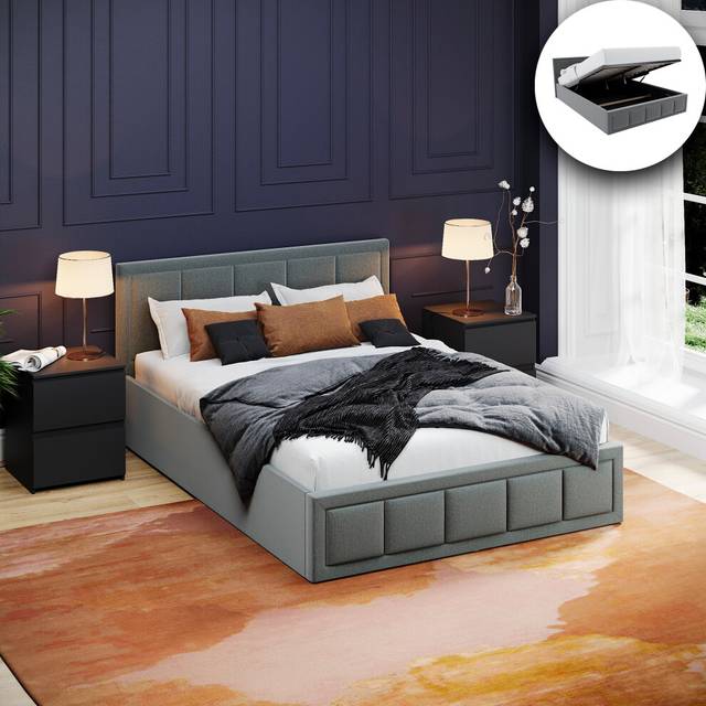 (Double, Light Grey) Vanita Modern Ottoman Storage Fabric Bed UKFR