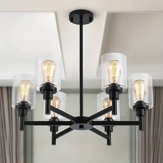 (1pc) Farmhouse Chandelier With Cylinder Clear Glass 6 Light Vintage Black Bedroom Kitchen Island Pendant Ceiling Lighting