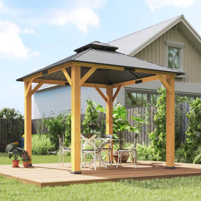 Outsunny 3x(3)M Double-Tier Hardtop Gazebo, Outdoor Patio Shelter, Grey, Grey