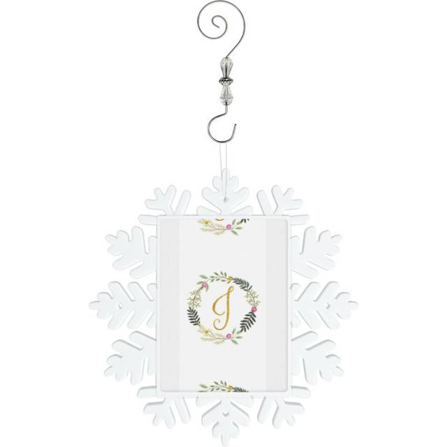 (Floral And Gold Initial Monogram J=8762) Christmas Ornament Snowflake Tree Decoration Car Hanging Charm Gift with Hook Keepsake for Friends Family