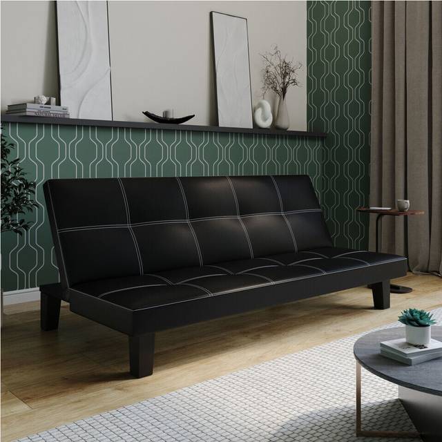 (Black PVC) 3 Seater Folding Sofa Bed Upholstered Couch Futon Settee Love Seat Wooden Legs