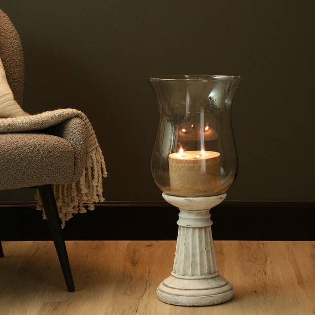 Dianella Antique White Natural Stone Hurricane Candle Holder, Glass Tabletop Candlestick Holders - White;Clear (61cm H x 27cm W x 27cm D)