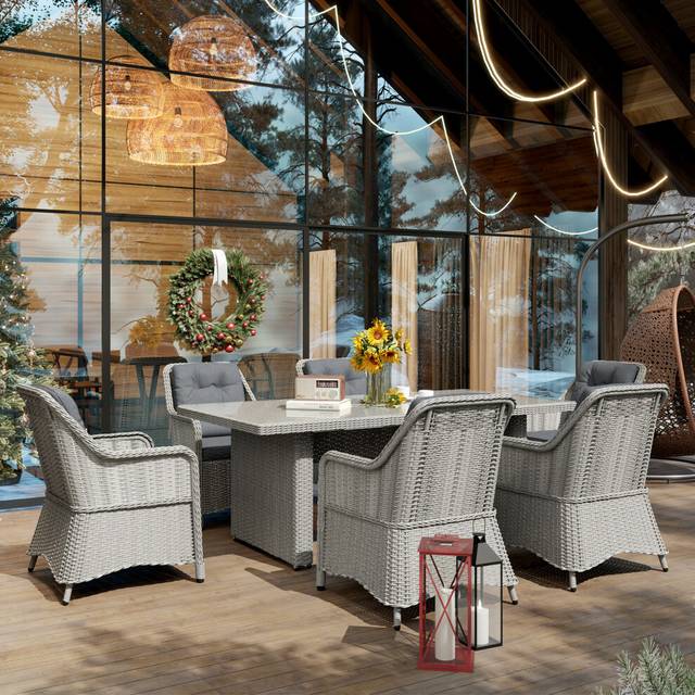 Outsunny 6 Seater Rattan Dining Set with Glass Top Table and Cushions, Grey, Grey