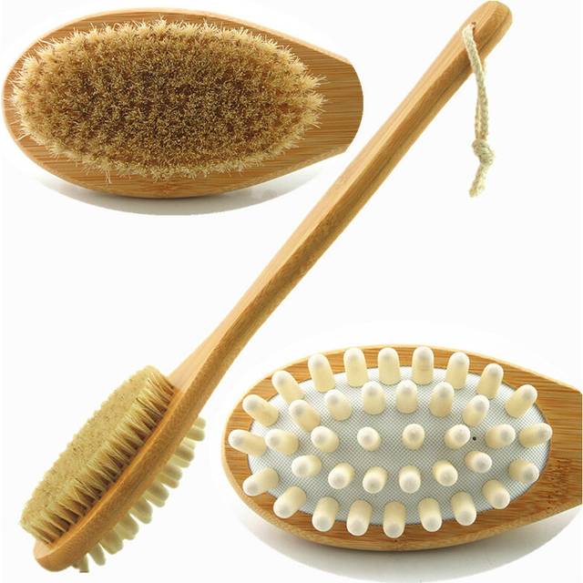 Bamboo Body Brush for Back Scrub - Natural Boar Bristle Shower Brush Scrubber with Long Handle - Exfoliate