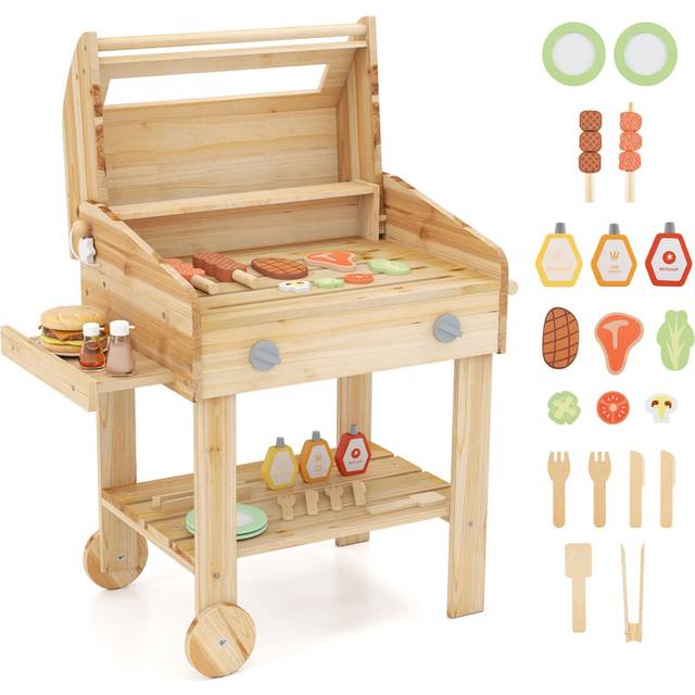 Wooden Barbecue Grill Toy Set Kids BBQ Grill Playset With Play Food Khaki