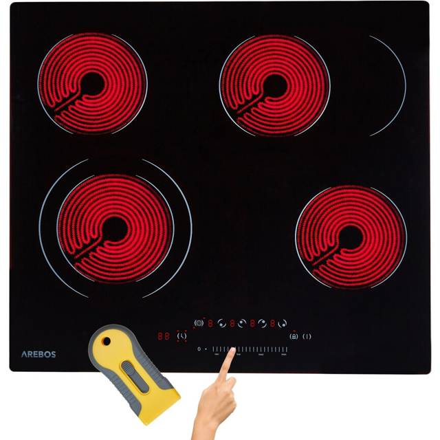 AREBOS glass ceramic hob | 6600 W | 4 hobs | 59 cm | self-sufficient | incl. dual cooking zone and roasting zone | with Sensor Touch | childproof lock