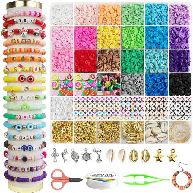 6200 Pcs Clay Beads Bracelet Making Kit, Flat Round Polymer Heishi Friendship Bracelet Jewelry Kit with Charms and Elastic Strings for Girls 8-12 Gift