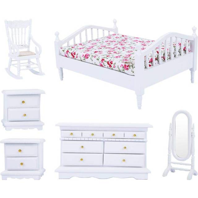 1:12 Scale Dolls House Bedroom Furniture Sets, 6pcs Mini White Wooden Floral Bed Wardrobe Chair Dressing Mirror Cabinet Kit Miniature Furniture