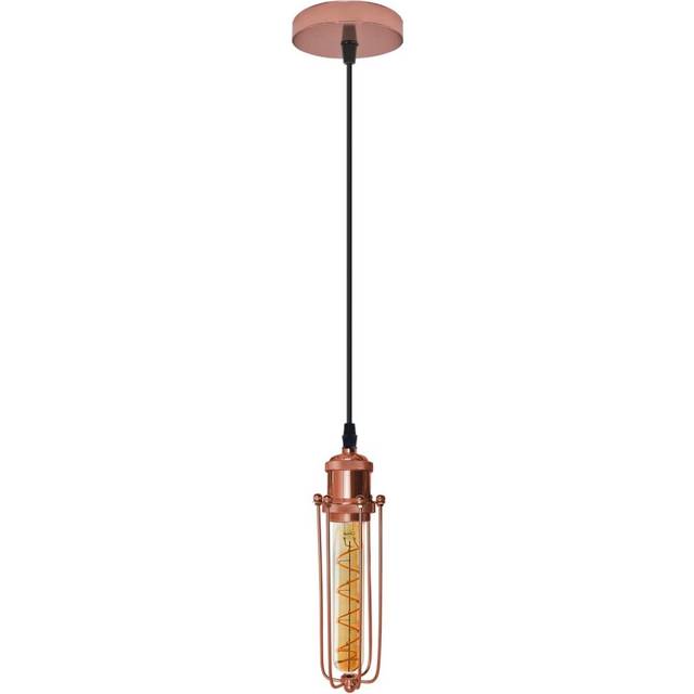 Single Rose Gold Ceiling E27 Pendant Light with Wire Cage, Industrial Vintage Hanging Lamp Fixture
