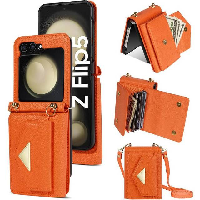 (Orange) Accordion Card Wallet Case for Samsung Galaxy Z Flip5 Pu Leather Crossbody Strap Card Holder Magnetic Closure Protective Cover