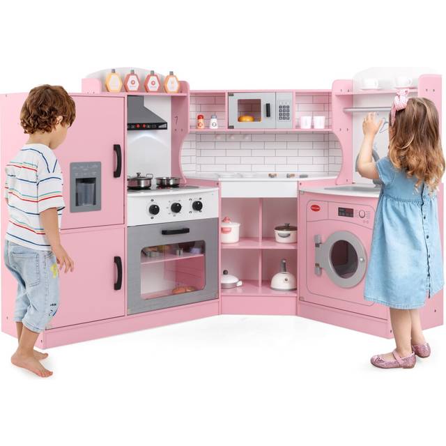 Corner Play Kitchen Toddler Kitchen Playset With Range Hood-Pink