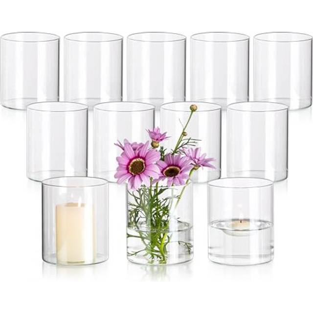 Small Glass Vase, Clear Cylinder Vases for Flowers, 10 x 8.5 cm Bud Vases Set of 12, Modern Flower Vase for Decor, Decorative Hurricane Vase Candle