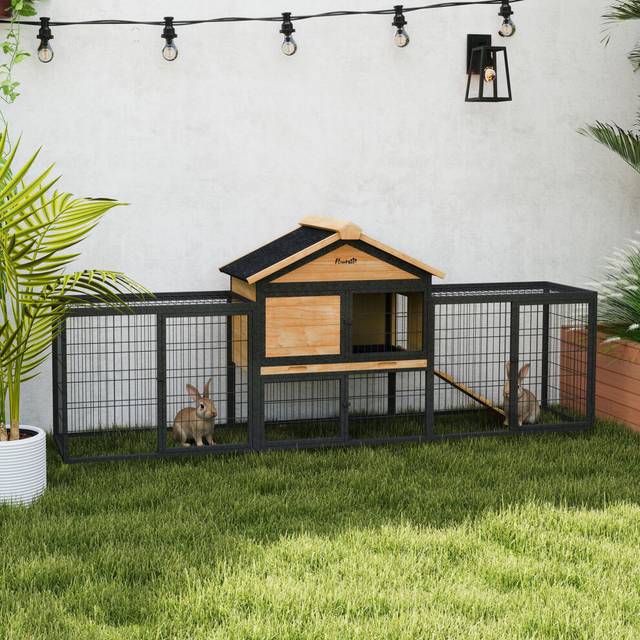 PawHut Natural Small Animal Pet Hutch with 2 Steel Run - Brown - 22 x 77 x 96cm