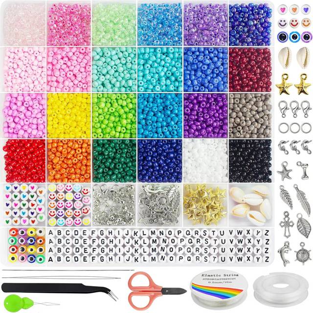 16800pcs 2mm Glass Seed Beads for Jewelry Bracelet Making Kit, Small Beads Friendship Bracelet Kit, Tiny Waist Beads Kit with Letter Beads and Elastic