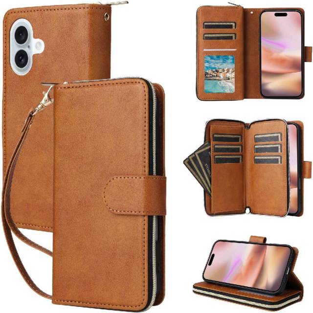 (Brown) Case for iphone 16 Plus Zipper Pocket Wallet Case with 9 Card Slots Card Holder with Hand Strap Flip Cover
