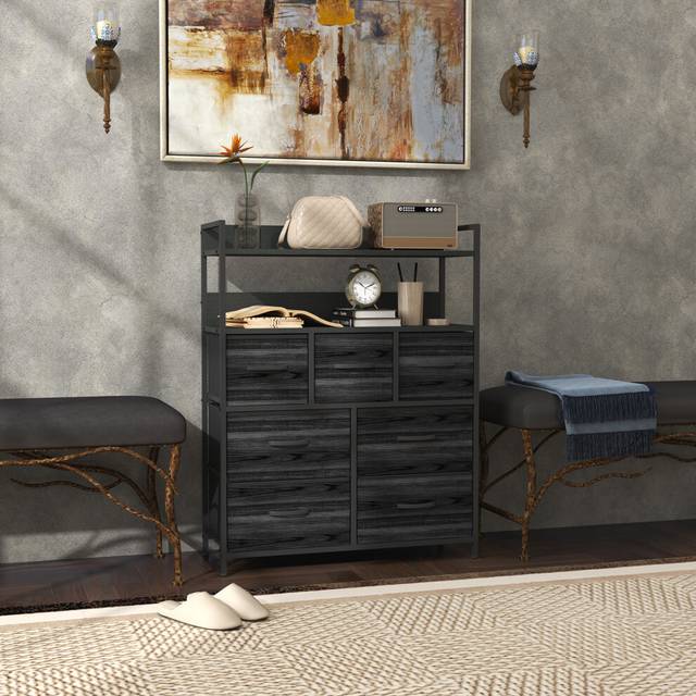 HOMCOM Bedroom Chest of Drawers 7 Drawer Dresser w/ Shelves, Black, Black
