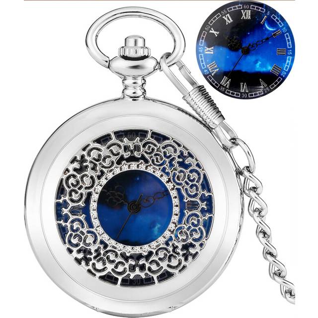 (Silver 30cm Chain) Exquise Starry Blue Dial Pendant Bronze Hollow Case Quartz Pocket Watch