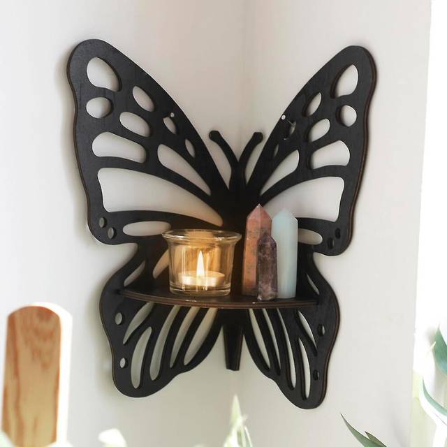 (Black, One size) Butterfly Crystal Shelf, Wooden Butterfly Corner Shelf, Wall Corner Shelf Wood Floating Shelves Crystal Display Shelf Butterfly Wall