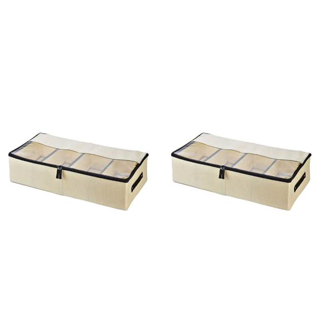 2X Under Bed Storage Bins Containers Large Foldable Shoe Organizers with Clear Lid, 2-Way Zippers, Beige