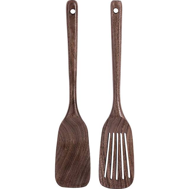 Wooden Spatula&Slotted Spatula for Cooking,Black Walnut Long Handle Wood and Slotted Turner Non-Stick Cookware