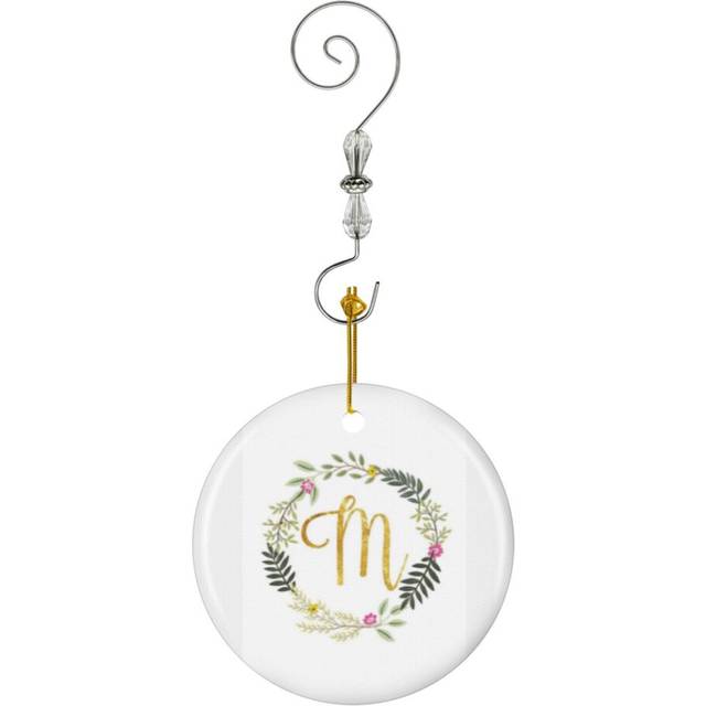 (Floral And Gold Initial Monogram M-9046) Christmas Ornaments Ceramic Charm with Hook Crystal Handmade Xmas Tree Decorations KeepsakeÂStocking Stuffe