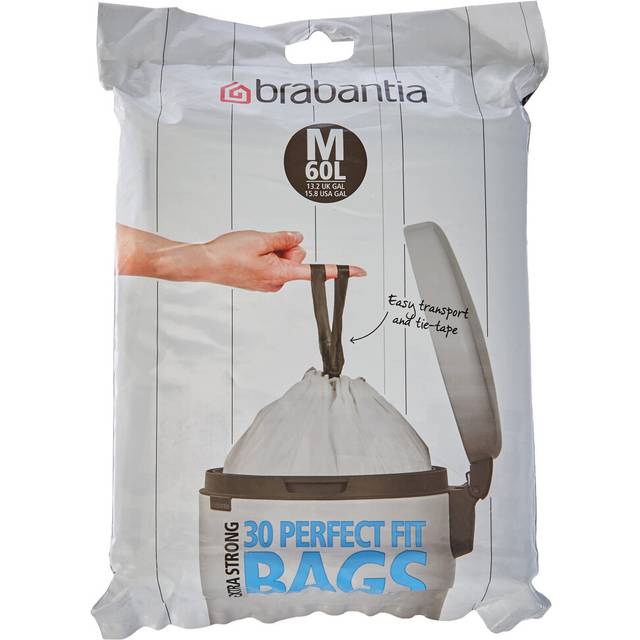 Brabantia PerfectFit Bin Liners (Size M/60 Litre) High Quality Thick Plastic Trash Bags with Tie Tape Drawstring Handles (30 Bags), White