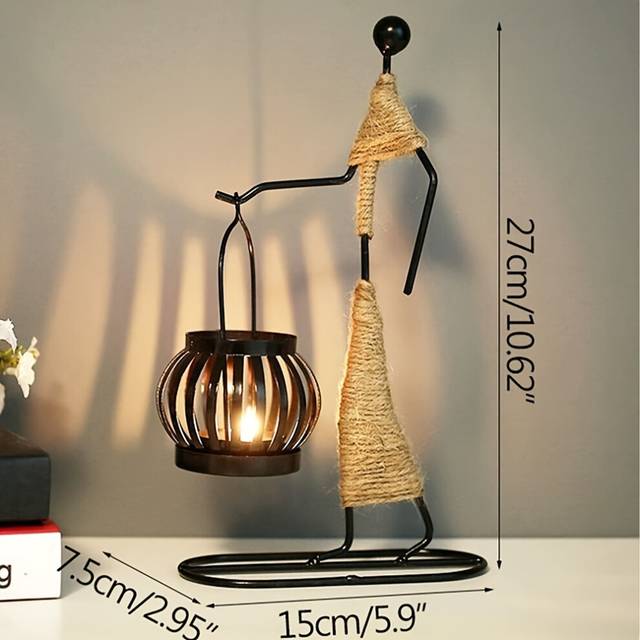 (Paper Lantern) Decorative Metal Candlestick 1 pcs Holders with Hemp Rope Accent, Iron Art Girl Lantern Candle Holders for Tabletop Display