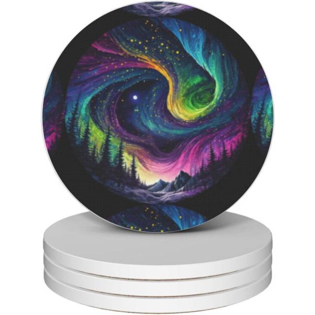 (Sphere World Aurora Borealis Paint Splash Mountain Forest Night Star Fantasy=2971) Ceramic Coasters Set of 4 Xmas for Drink Wine Beer Bar with Cork B