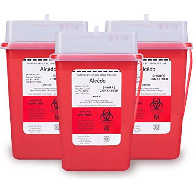 Sharps Container for Home Use and Professional 1 Quart (3-Pack) by Alcedo | Biohazard Needle and Syringe Disposal | Small Portable Container for Trave