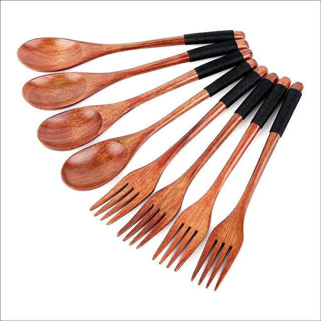 8 Piece Wooden Spoon Fork Set, Japanese Style Wooden Utensil Set, Handmade Kitchen Spoon, Reusable Travel Cutlery