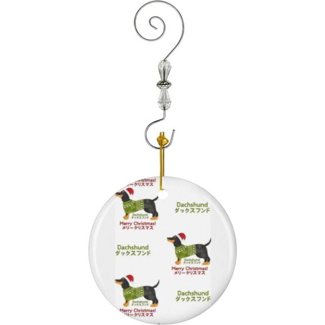 (Dachshund Christmas Pack Japanese Typography_3562) Christmas Ornaments Ceramic with Crystal Hook Xmas Handmade Tree Decorations KeepsakeÂGifts Stock