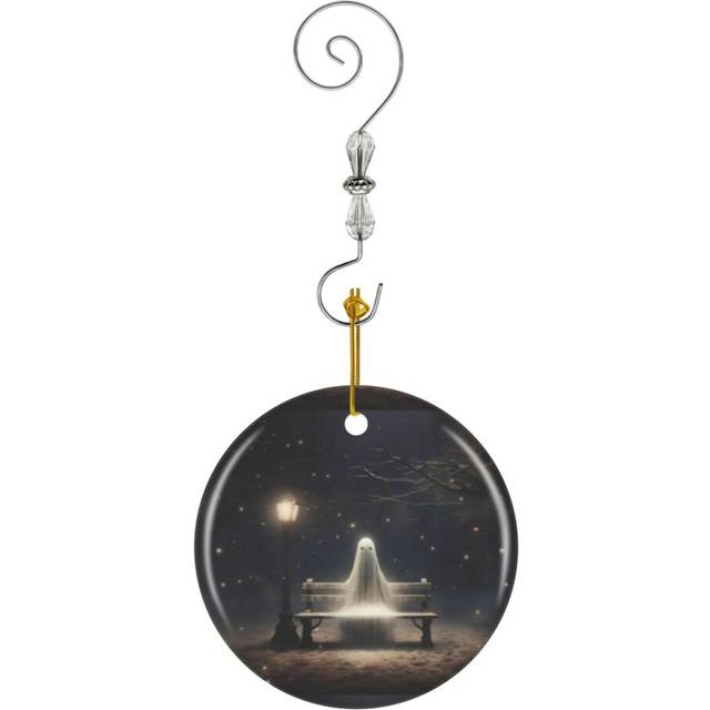(Ghost Sitting On A Bench During Winter Time_5389) Christmas Ornaments Ceramic with Crystal Hook Xmas Handmade Tree Decorations KeepsakeÂGifts Stocki