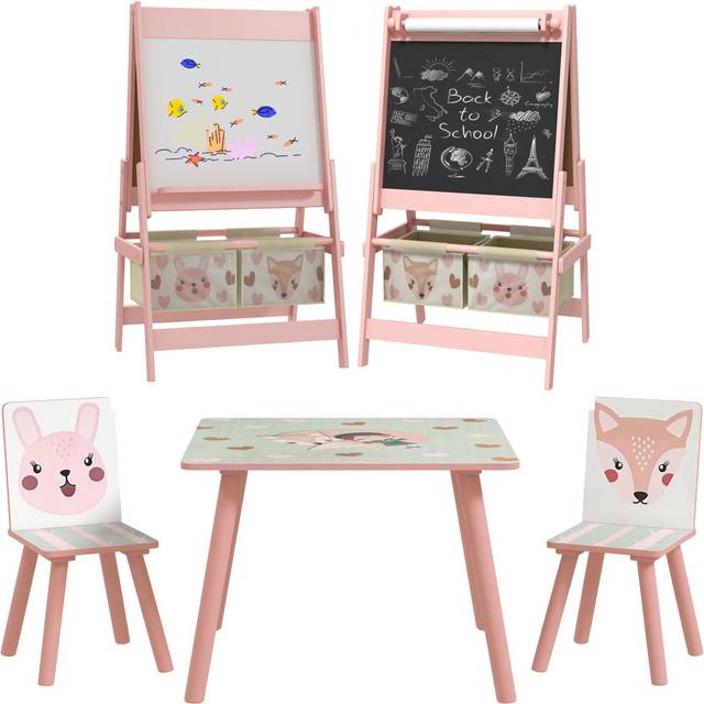 ZONEKIZ Kids Table and Chairs and Kids Easel Set with Storage, Pink