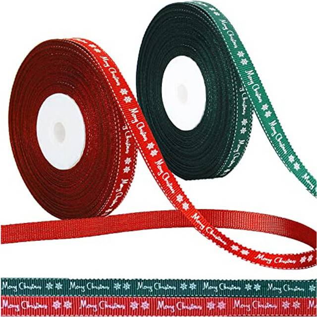 2 Rolls 43 Yard Merry Christmas Ribbon Grosgrain Wrapping Rope Merry Christmas Ribbon with Snowflake Pattern for Christmas Favor Party DIY Crafts
