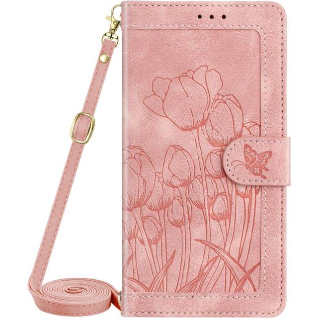 (Pink) Fashion Wallet Case for Motorola Moto G05 Magnetic Closure Crossbody and Wrist Strap Tulip Embossed Flip Case Kickstand Pu Leather