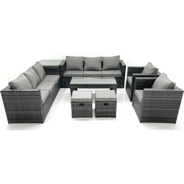 Fimous Rattan Garden Furniture Sofa Set with Coffee table Armchair Side Table 2 Small Footstools Dark Grey Mixed
